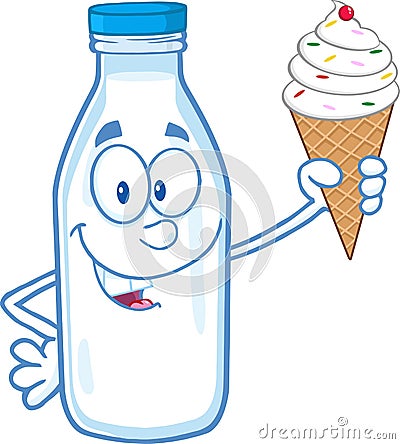 Funny Milk Bottle Character Holding A Ice Cream Vector Illustration