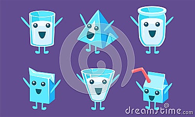 Funny Milk Containers Set, Milk Packaging Characters with Funny Faces Vector Illustration Vector Illustration