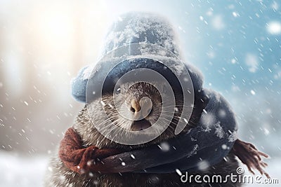 Funny mole wearing warm hat and scarf. Generate ai Stock Photo