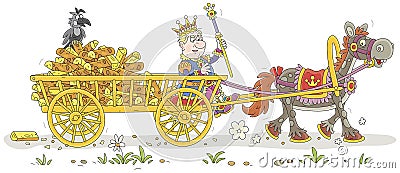 Angry king carrying firewood on his old wooden cart Vector Illustration