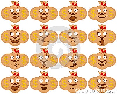 Funny money bags icons. Set of sacks with dollar sign in cartoon style with faces and smiles. Isolated icons and drawings. Vector Illustration