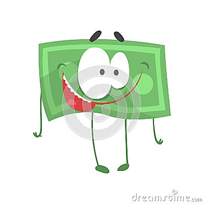 Funny money character with happy face. Cartoon banknote in flat style. Emotional green dollar. Vector illustration Vector Illustration