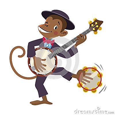 Monkey with banjo. Jazz band with animals. Vector Illustration