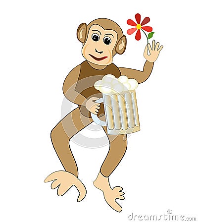 Funny monkey cartoon with a glass of beer and red flower. Vector Illustration