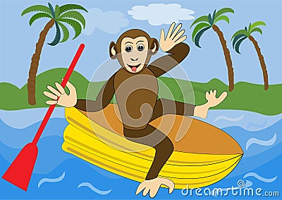 Funny monkey floats on yellow inflatable rubber dinghy with red oar. Illustration for children, animal vector cartoon clipart Vector Illustration