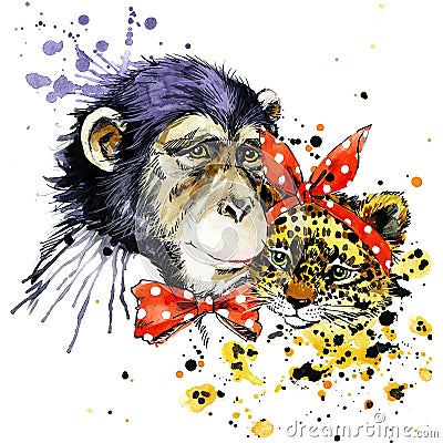 Funny monkey, leopard, watercolor background Stock Photo