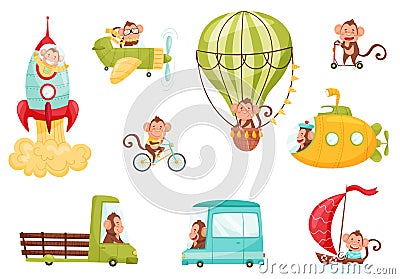 Funny Monkey with Protruding Ears Driving Bus and Riding Bicycle Vector Set Vector Illustration