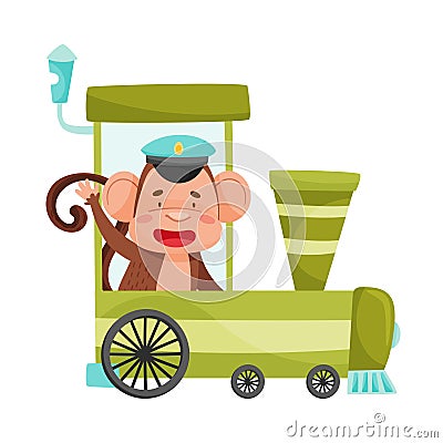 Funny Monkey with Protruding Ears Riding Train Vector Illustration Vector Illustration