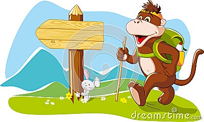 Funny monkey tourist hiking mountains, cartoon ill Vector Illustration