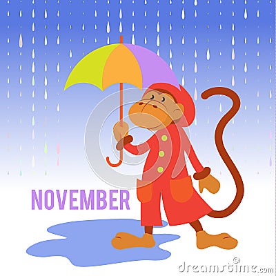 Funny monkey with an umbrella in the rain Vector Illustration