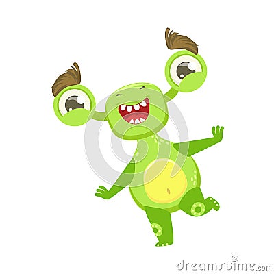 Funny Monster Dancing And Smiling, Green Alien Emoji Cartoon Character Sticker Vector Illustration