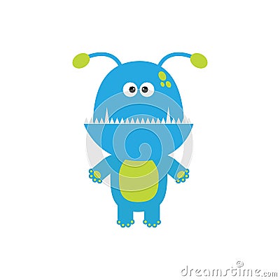 Funny monster with fang tooth and horns. Cute cartoon character. Blue color. Baby collection. Isolated. Happy Halloween card. Flat Vector Illustration