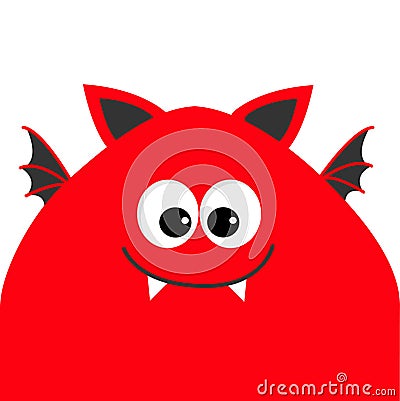 Funny monster head with big eyes, fang tooth and wings. Cute cartoon character. Red color. Baby collection. Isolated. Happy Hallow Vector Illustration