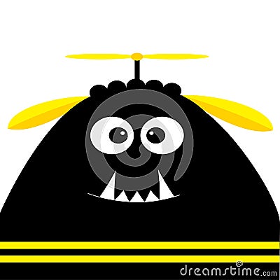 Funny monster head silhouette with fang tooth and propeller. Cute cartoon character. Black yellow color. Baby collection. Isolated Vector Illustration