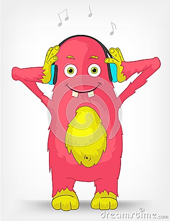 Funny Monster. Listening to Music. Vector Illustration