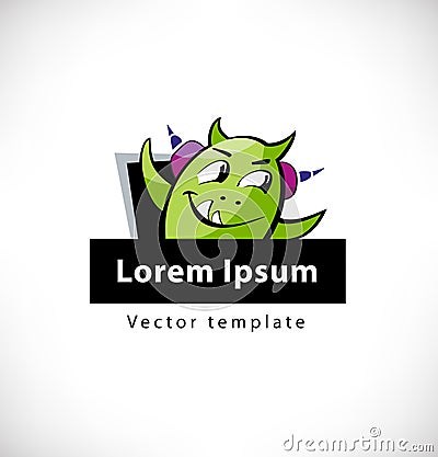 Funny monster logo vector. Isolated icon, logotype consept with sign and text frame for computer games, forums, web sites. Vector Illustration