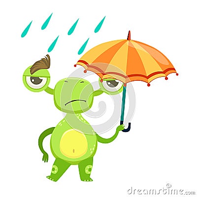 Funny Monster Sad Walking Under Rain With Umbrella, Green Alien Emoji Cartoon Character Sticker Vector Illustration