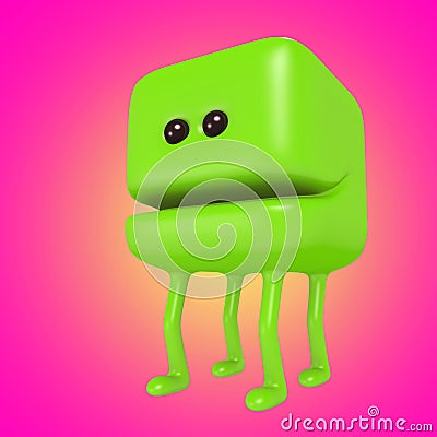 Funny monster smiling green cube on legs. 3d illustration. Cartoon Illustration