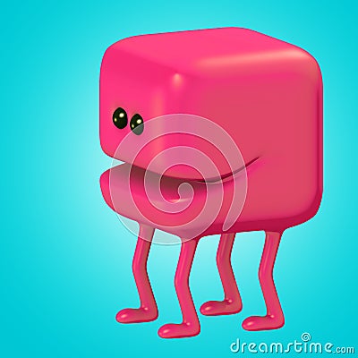 Funny monster smiling red cube on legs. 3d illustration. Cartoon Illustration