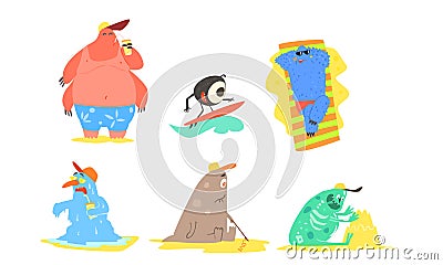 Funny Monsters on Beach Set, Cute Happy Mutants Eating Ice Cream, Making Sandcastle, Surfing, Sunbathing Vector Vector Illustration