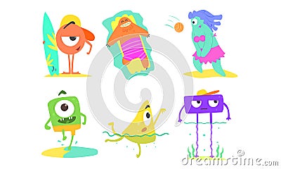 Funny Monsters on Beach Set, Cute Happy Mutants Playing Volleyball, Sunbathing, Surfing and Having Fun Vector Vector Illustration