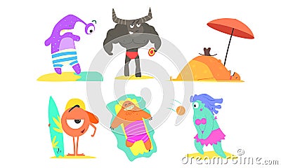 Funny Monsters on Beach Set, Cute Happy Mutants Sunbathing, Playing Volleyball, Surfing Vector Illustration Vector Illustration