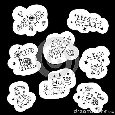 Funny monsters Black and white stikers. Vector illustration Vector Illustration