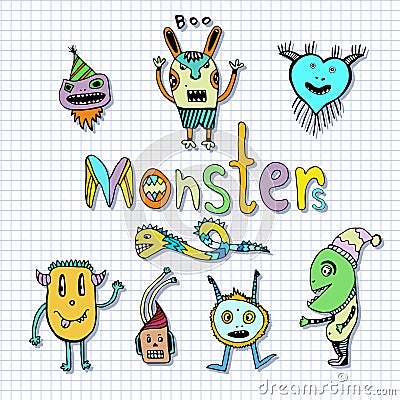 Funny monsters characters. Doodle set. Vector handdrawn Illustration. Coloring page. Vector Illustration