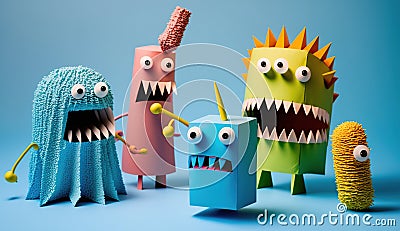 Funny monsters from paper and plasticine on a blue background. Easy creative crafts for children, Generative Ai Stock Photo