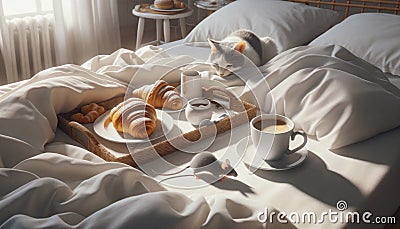 Funny morning home scene in the bedroom with a cat and mouse. Breakfast in bed for everyone Stock Photo