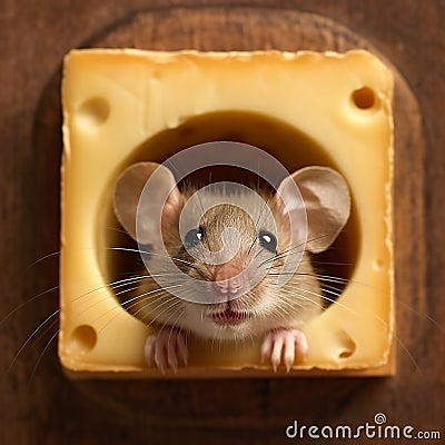 Funny mouse looks out of piece of delicious cheese, funny photo with animals for advertising cheese Stock Photo