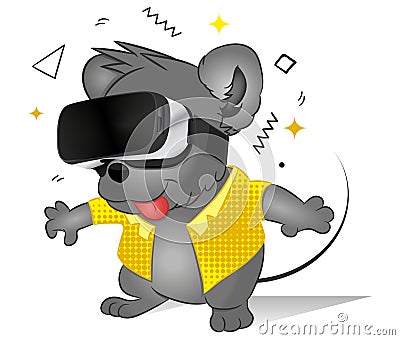 Funny comic mouse using virtual reality glasses. Future technology. Cute animal Playing Video Game. Modern 3d Glasses. Vector Illu Vector Illustration