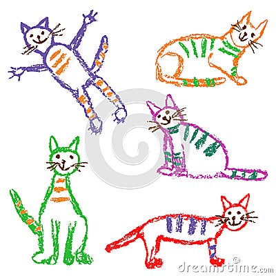 Funny multicolor tabby cat set. Wax crayon like child`s hand drawn cute kitten clip art. Pastel chalk or pencil kids line art stro Vector Illustration