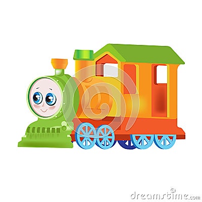 Funny multicolored locomotive, train, transportation of people and cargo, travel. Vector Illustration