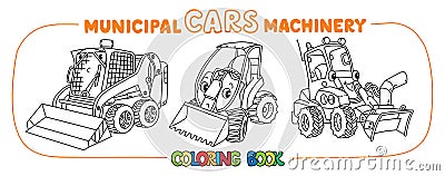 Funny municipal cars with eyes coloring book set Vector Illustration