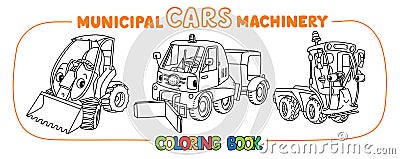 Funny municipal cars with eyes coloring book set Vector Illustration