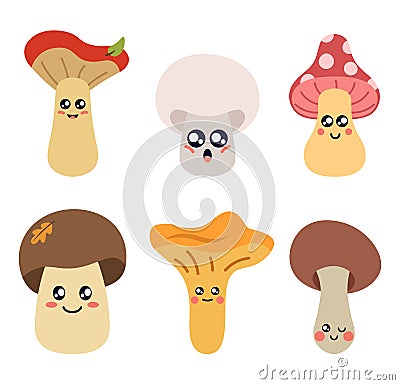 Funny Mushrooms With Faces. Flat Style Vector Illustration Vector Illustration