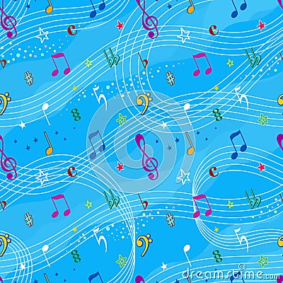 Funny music seamless background in blue tones Vector Illustration