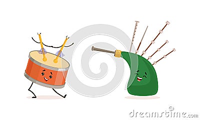 Funny Musical Instrument Cartoon Character with Smiling Face Vector Set Vector Illustration