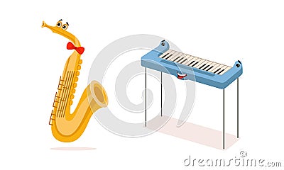 Funny Musical Instrument Cartoon Character with Smiling Face Vector Set Vector Illustration