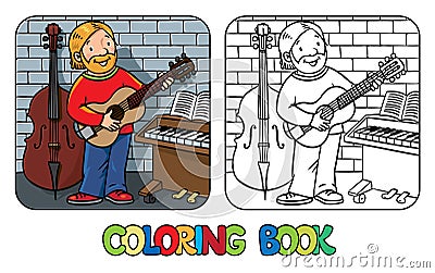 Funny musician or guitarist. Coloring book Vector Illustration