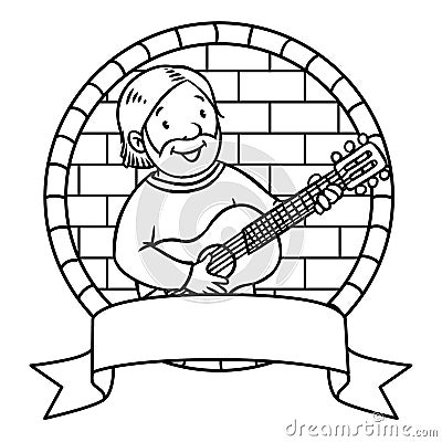 Funny musician or guitarist. Coloring book. Emblem Vector Illustration