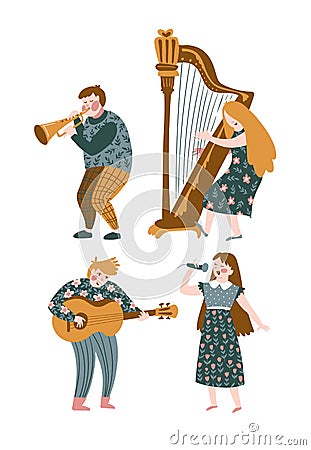 Funny musician playing a trumpet, harp, guitar and singer isolated on the white background. Vector illustration. Vector Illustration