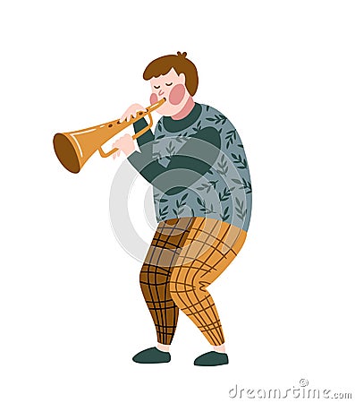 Funny musician playing a trumpet isolated on the white background. Vector illustration for music festival, jazz concert. Vector Illustration