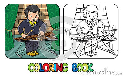 Funny musician or xylophone player. Coloring book Cartoon Illustration