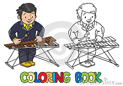 Funny musician or xylophone player. Coloring book Vector Illustration