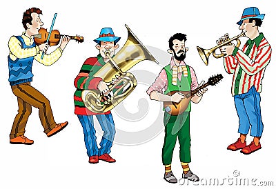 Musicians humor drawing mandolin stringed plucked trumpet brass violin bowed instrument accordion keyboard Stock Photo