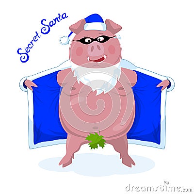 A funny naked boar in Santa`s costume. Secret Santa. Vector. Vector Illustration