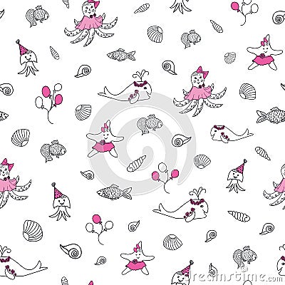 Pink, black and white sea nautical vector pattern Vector Illustration