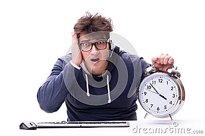 The funny nerd call center operator with giant clock Stock Photo